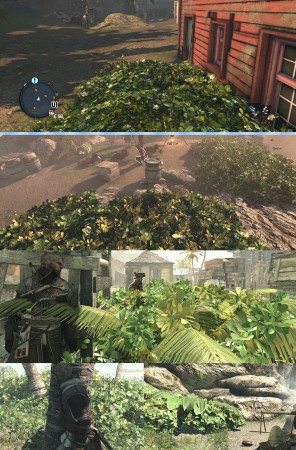 Comparación entre los matorrales de Assassin's Creed Rogue (arriba) y Black Flag (todas las demás imágenes), todas tomadas en las versiones de PC, bajo el mismo equipo. En Black Flag, esta vegetación se compone de varios tipos de plantas, y se mueve más con el clima, y al pasar sobre ella.