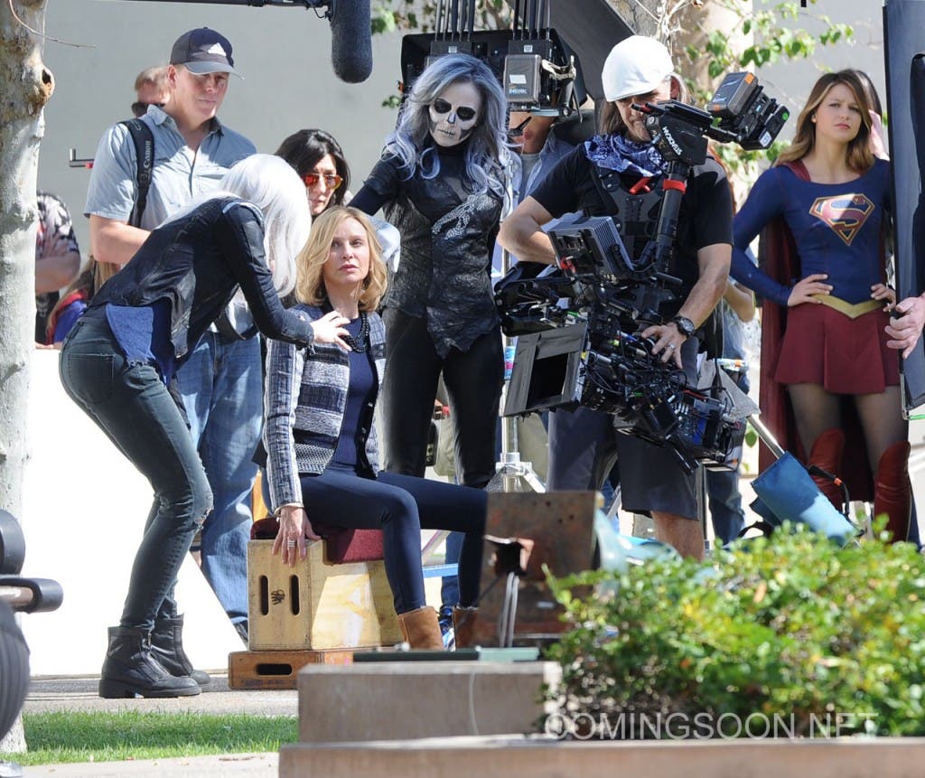 Melissa Benoist get into character while filming new scenes for her hit show "Supergirl" with special guest Grant Gustin as Flash for the special episode. Calista Flockhart was also seen on set in Los Angeles and was being saved by the 2 heroes as she gets hassled by 2 villains. Featuring: Calista Flockhart, Melissa Benoist Where: Los Angeles, California, United States When: 23 Feb 2016 Credit: Cousart/JFXimages/WENN.com **Not avialable for publication in New Zealand and Australia**