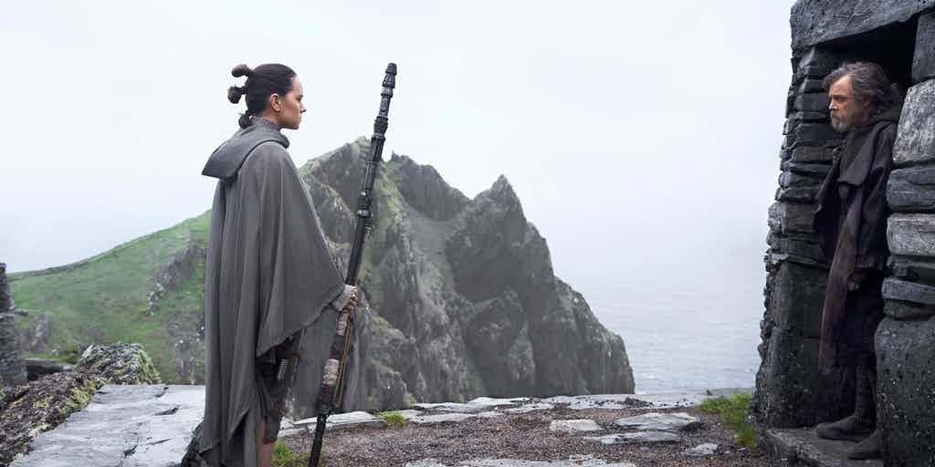 Daisy Ridley as Rey and Mark Hamill as Luke Skywalker in Star Wars The Last Jedi
