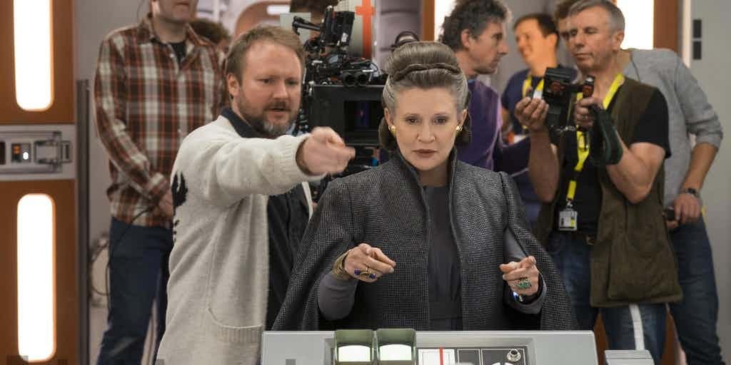 Rian Johnson and Carrie Fisher as General Leia on the set of Star Wars The Last Jedi