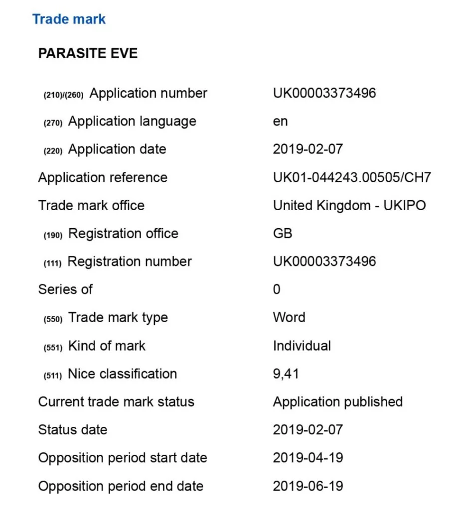 Parasite Eve Trademark f