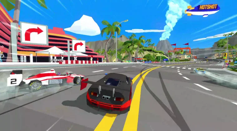Imagen de Así es Hotshot Racing, un juego de carreras arcade con un diseño retro