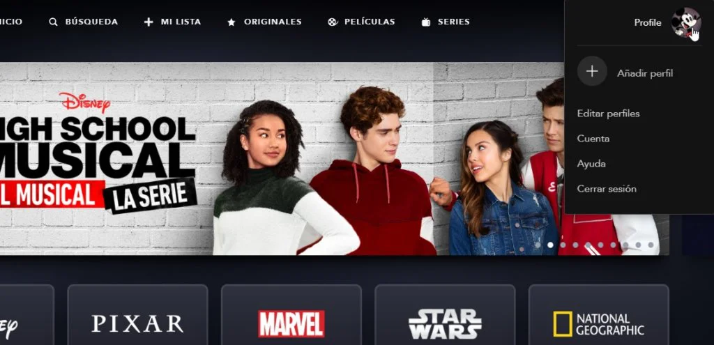 Menú de Disney Plus