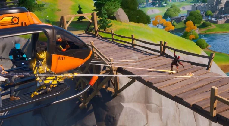 Imagen de Desafío de Fortnite: Vuela con un Choppa bajo el Puente de Acero Púrpura, Rojo y Azul