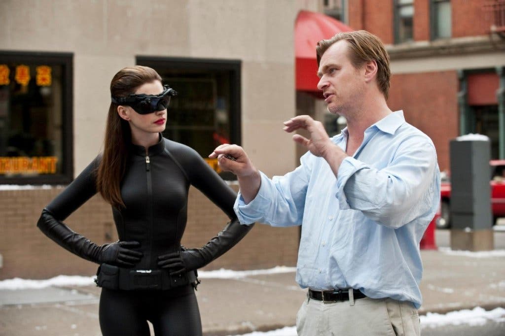 Christopher Nolan y Anne Hathaway en el rodaje de "El Caballero Oscuro: La Leyenda Renace"