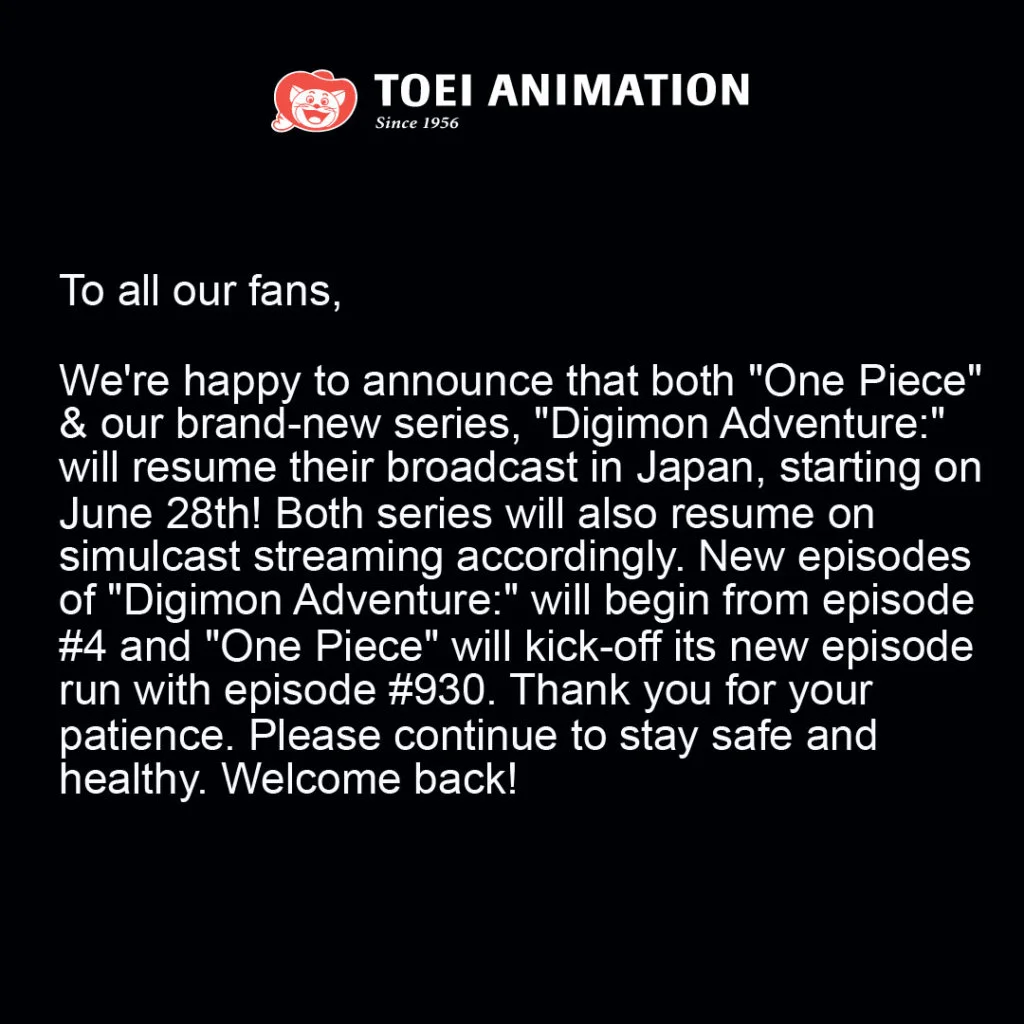 toei animation counicado fecha one piece
