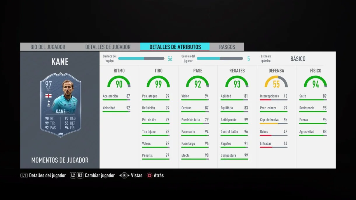 Estadísticas in game de Harry Kane Moments.