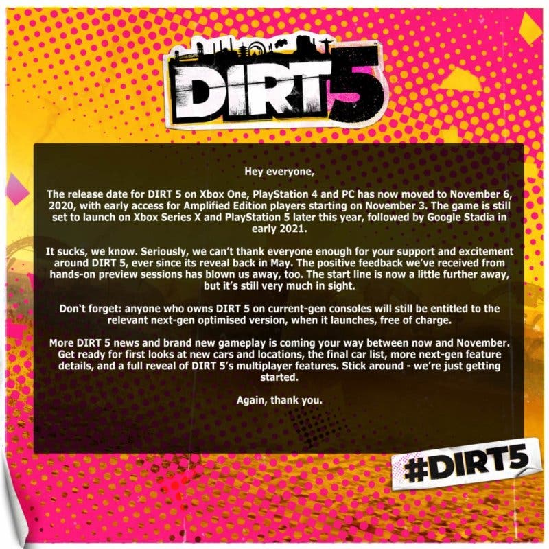 DiRT 5 retrasa por segunda vez su fecha de lanzamiento