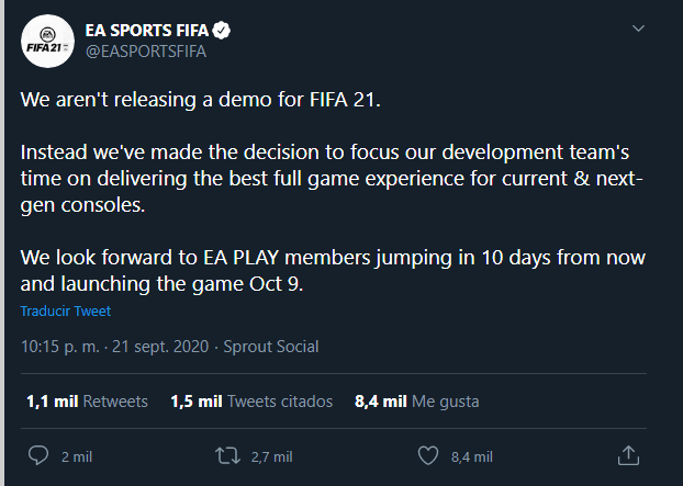 FIFA 21 no tendrá demo, confirma Electronic Arts
