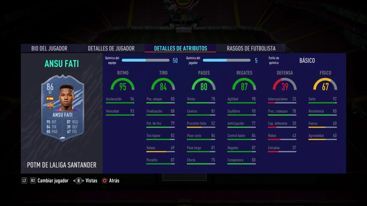 Ansu Fati POTM stats in game FIFA 21 Ultimate Team