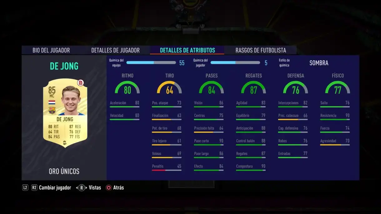 De Jong stats in game FIFA 21 Ultimate Team