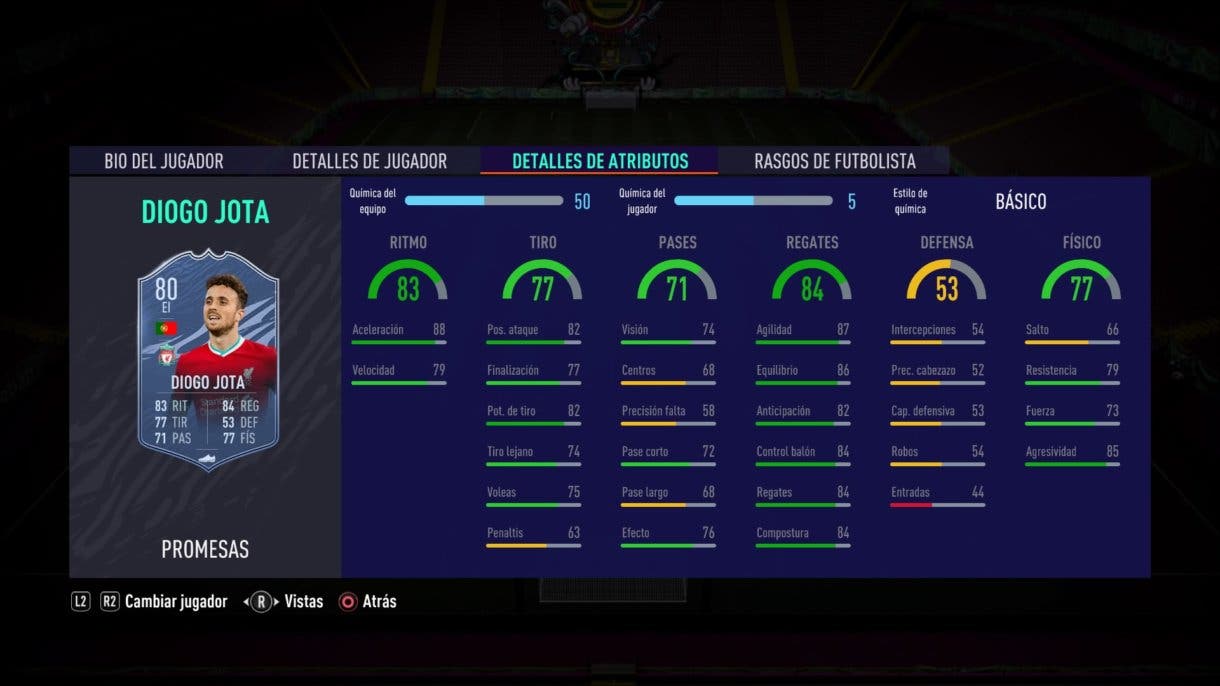 Estadísticas del juego de Diogo Jota OTW FIFA 21 Ultimate Team
