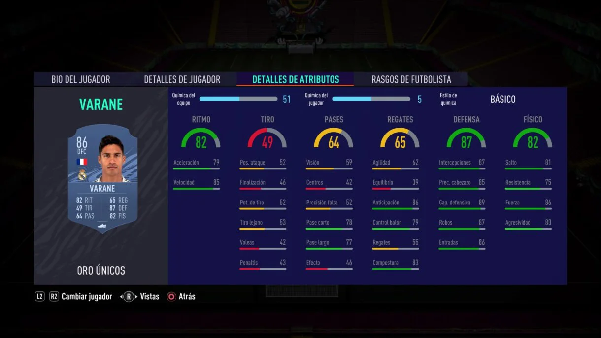 FIFA 21 Ultimate Team. Stats in game de Varane oro.