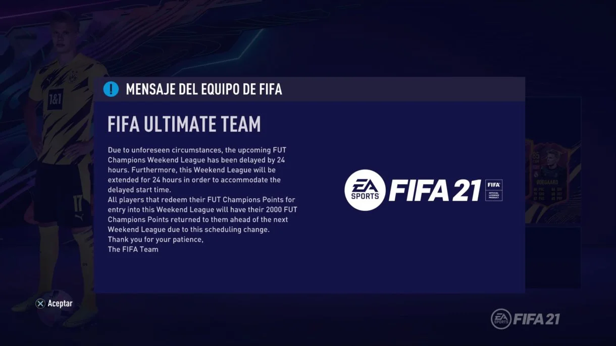 FIFA 21 Ultimate Team FUT Champions aviso retraso