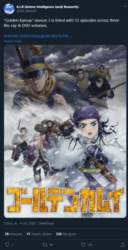 Golden Kamuy anuncia cuántos capítulos tendrá su temporada 3