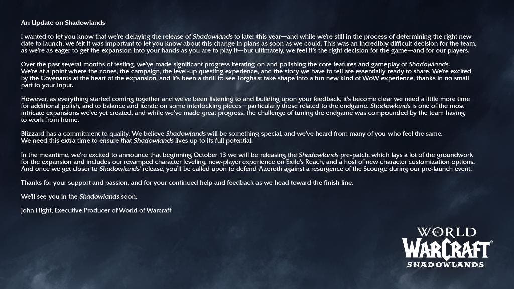 World of Warcraft anuncia el retraso de Shadowlands, su esperada expansión