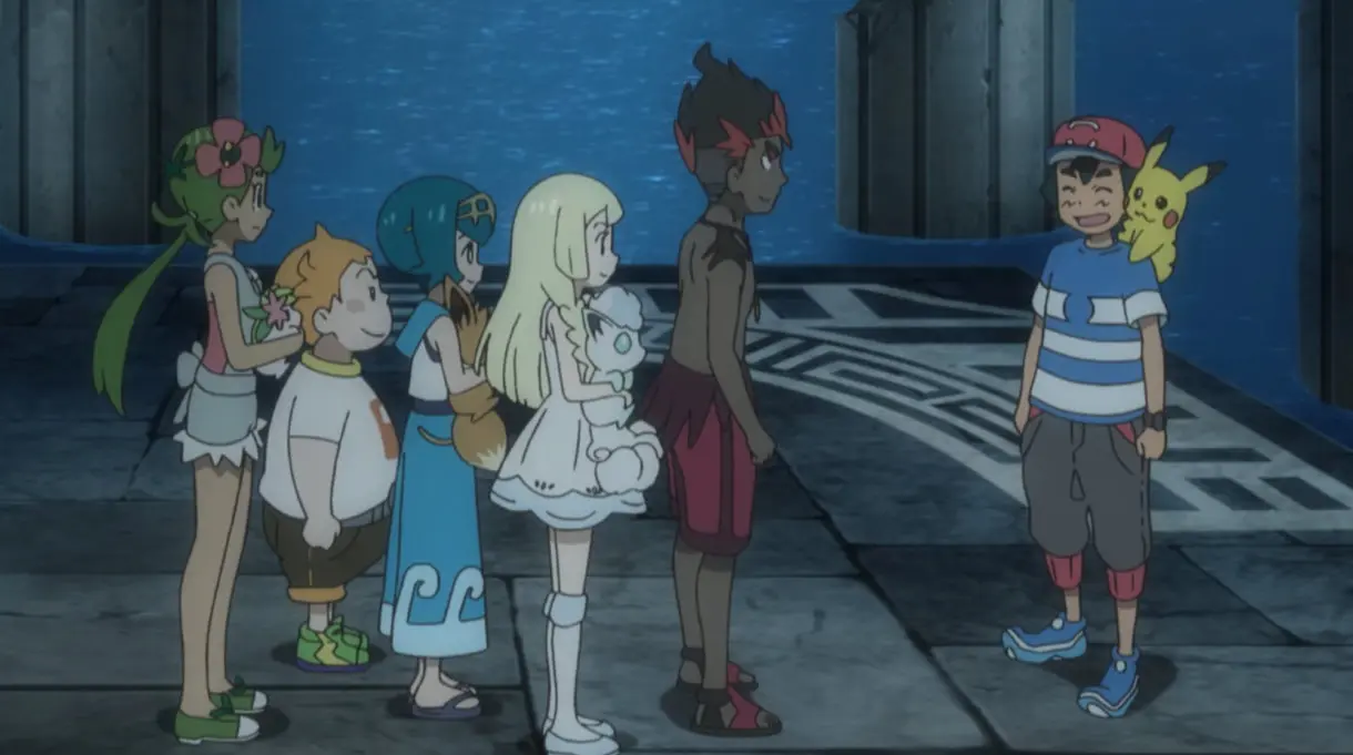 Anime de Pokemon Ash Lylia Chris Nereida Lulu Kiawe