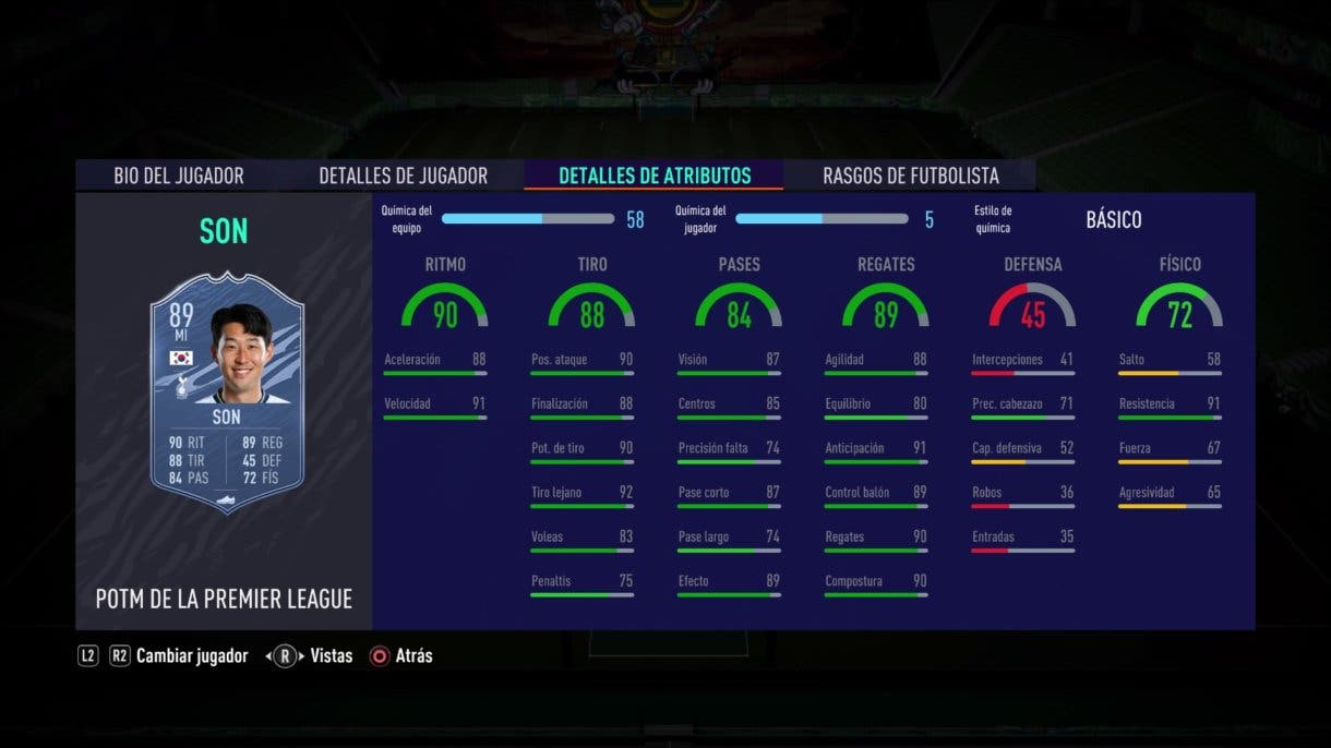 Son POTM stats in game FIFA 21 Ultimate Team