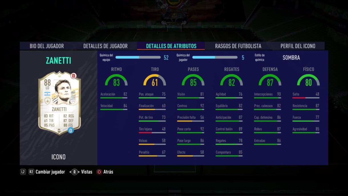 Estadísticas de Javier Zanetti Half Icon en el juego FIFA 21 Ultimate Team