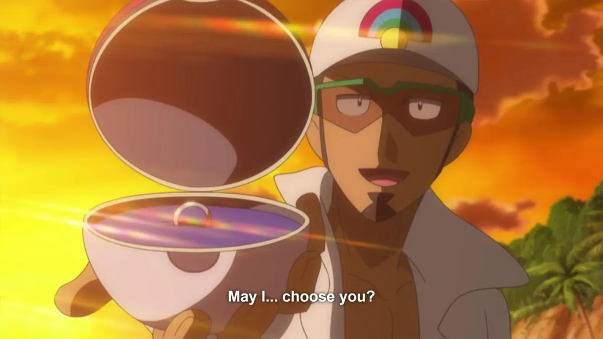 anime de Pokemon Profesor Kukui pedida de mano