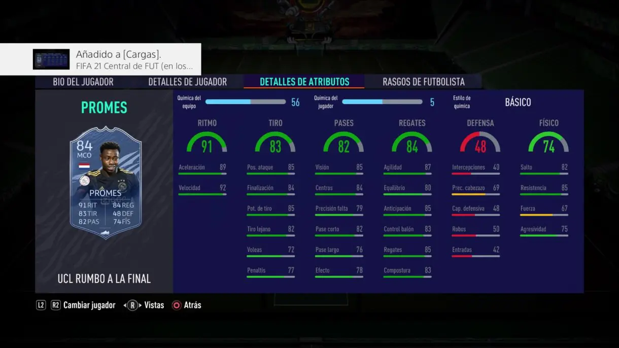 Promes RTTF stats in game FIFA 21 Ultimate Team