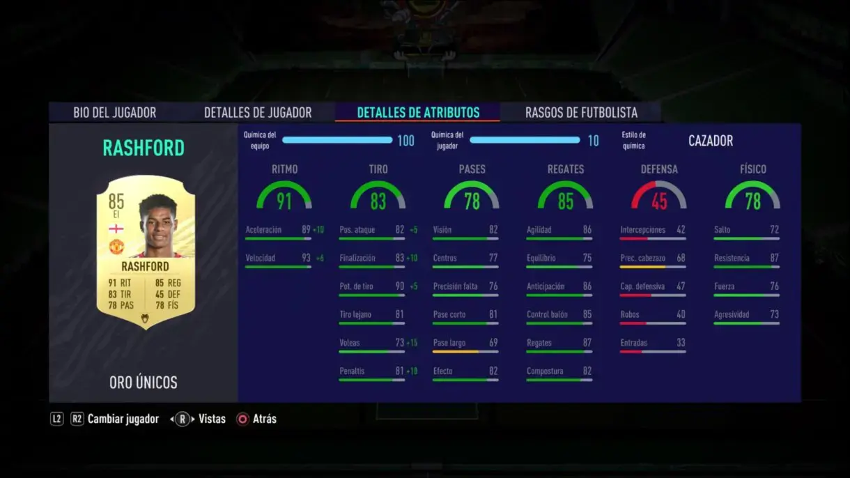 FIFA 21 Ultimate Team Rashford stats in game