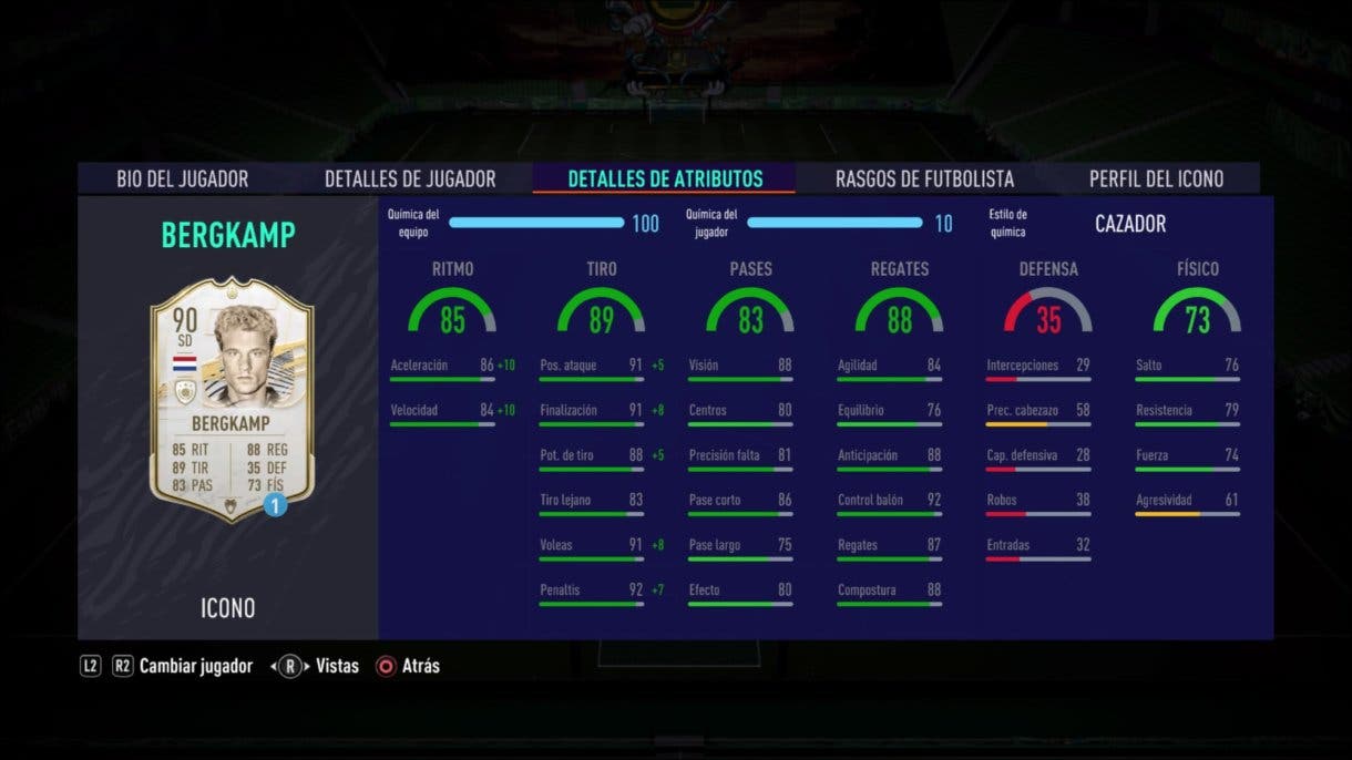 Stats in game de Bergkamp Icono Medio SBC FIFA 21 Ultimate Team