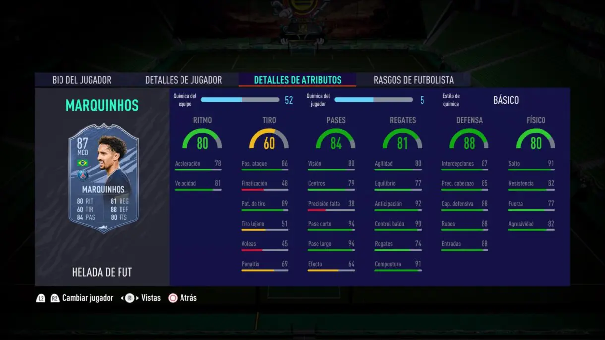 Marquinhos Freeze FIFA 21 Ultimate Team stats in game