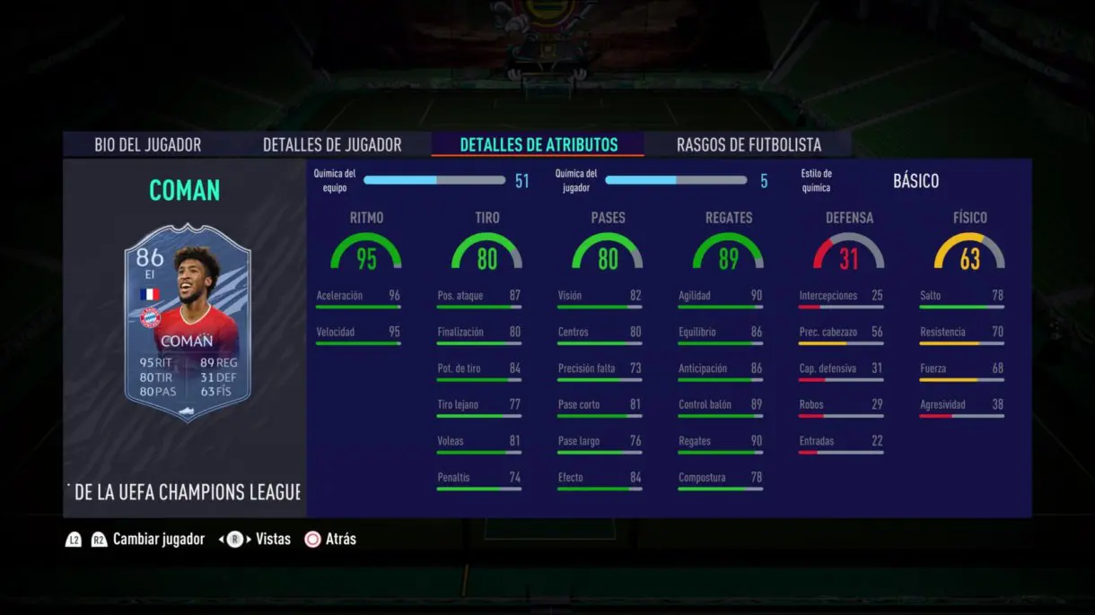 Stats in game de Coman TOTGS FIFA 21 Ultimate Team