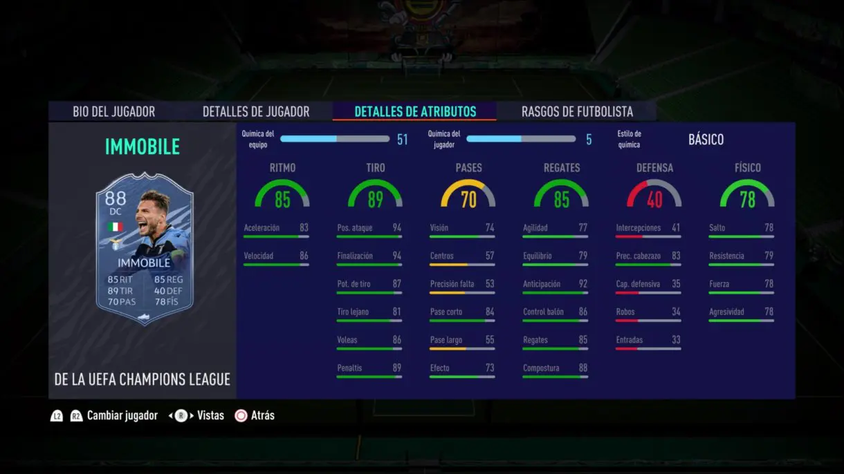 Stats in game de Ciro Immobile TOTGS FIFA 21 Ultimate Team