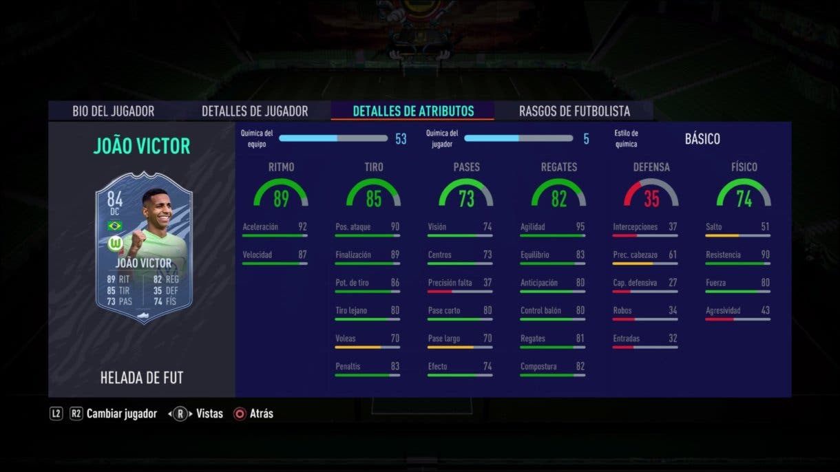 Stats in game de Joao Víctor Freeze. FIFA 21 Ultimate Team.
