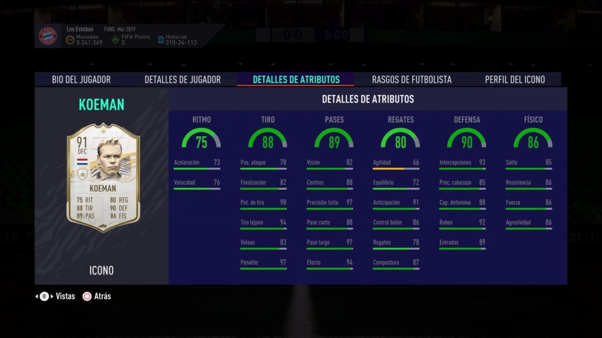 Ronald Koeman Prime FIFA 21 Ultimate Team stats in game.