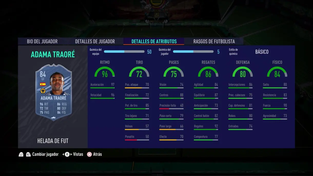 Stats in game de Adama Traoré Freeze FIFA 21 Ultimate Team