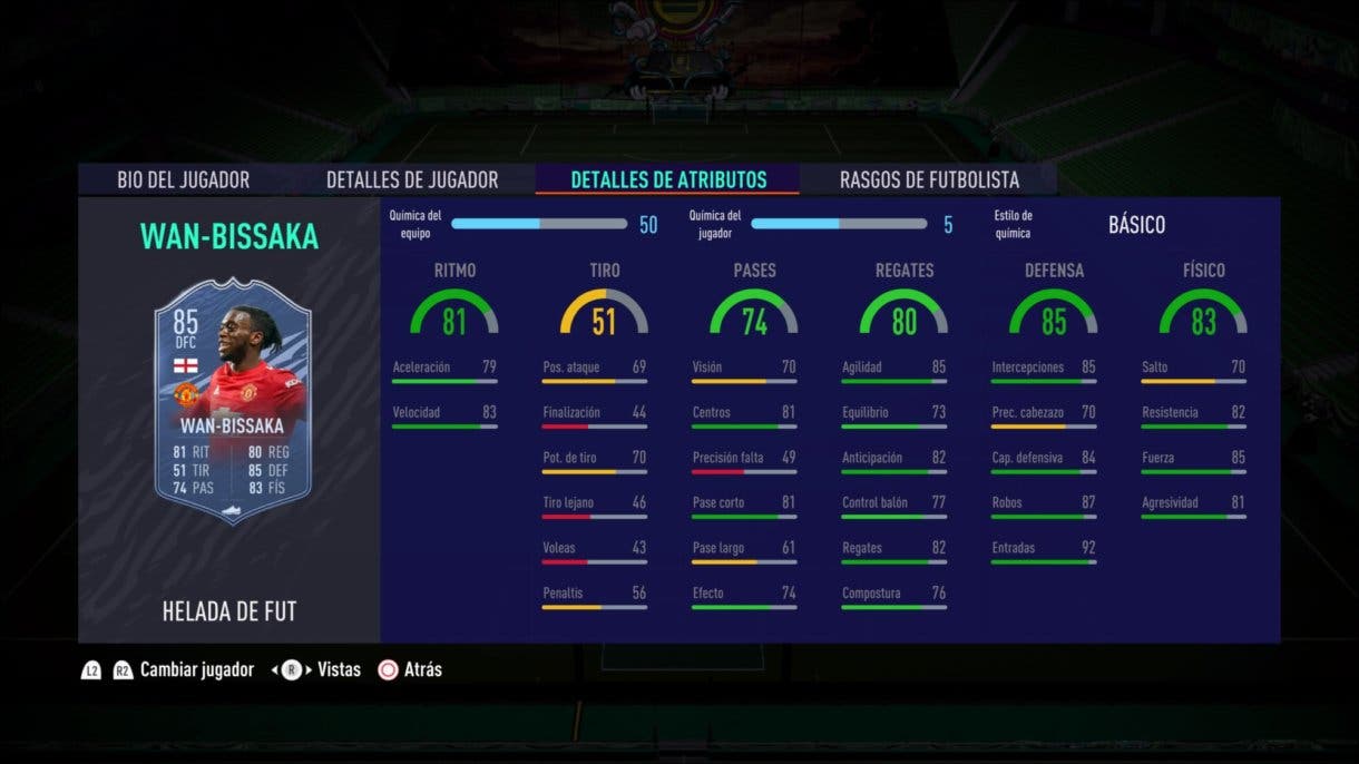 FIFA 21 Ultimate Team Wan-Bissaka Freeze stats in game.