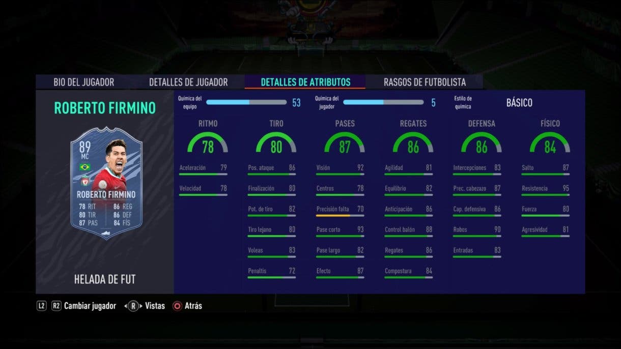 Estadísticas del juego de Roberto Firmino Freeze.  FIFA 21 Ultimate Team