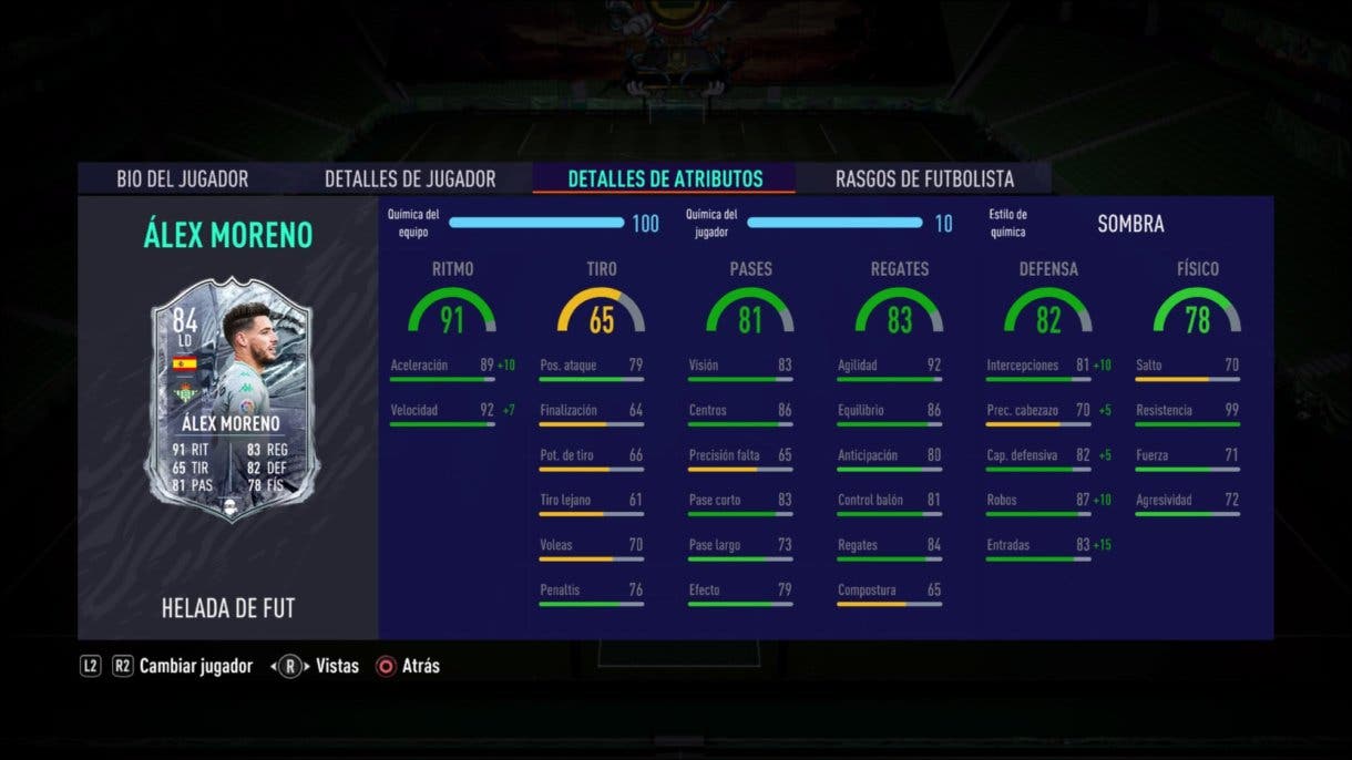 Stats in game de Álex Moreno Freeze FIFA 21 Ultimate Team.