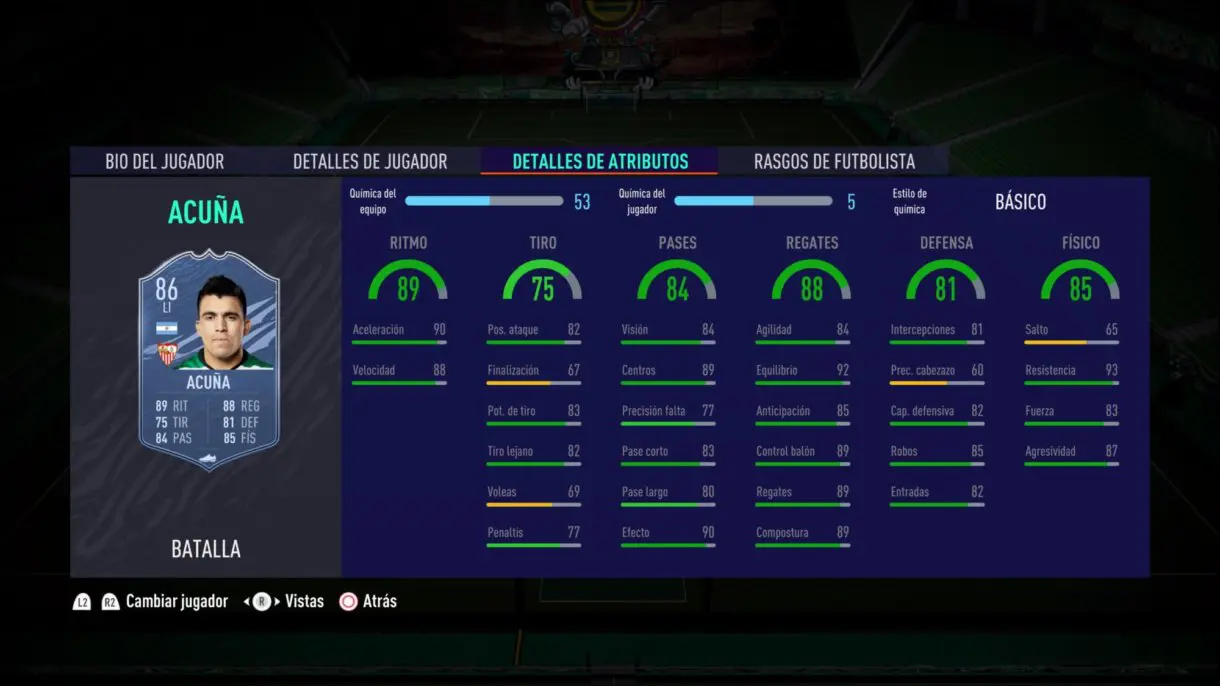 Stats in game de Marcos Acuña Showdown. FIFA 21 Ultimate Team