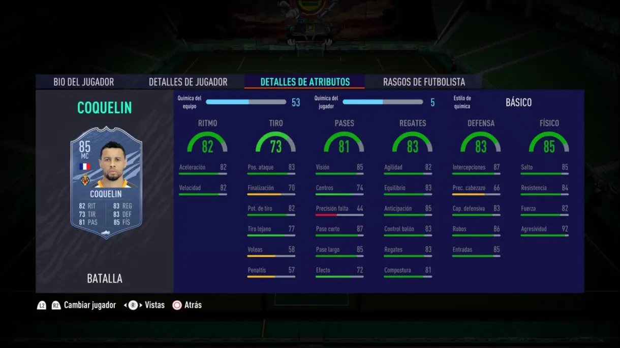 Stats in game de Francis Coquelin Showdown. FIFA 21 Ultimate Team