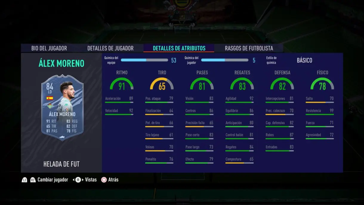 FIFA 21 Ultimate Team Álex Moreno Freeze stats in game