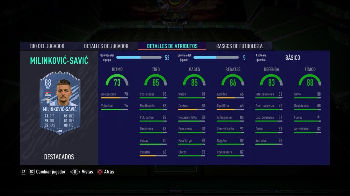 Stats in game de Milinkovic-Savic Headliners FIFA 21 Ultimate Team.