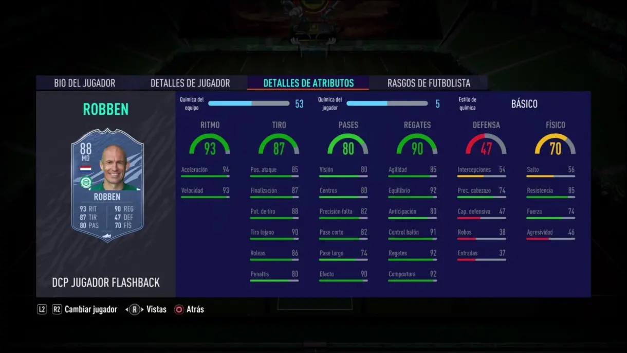 FIFA 21 Ultimate Team Arjen Robben Flashback stats in game.
