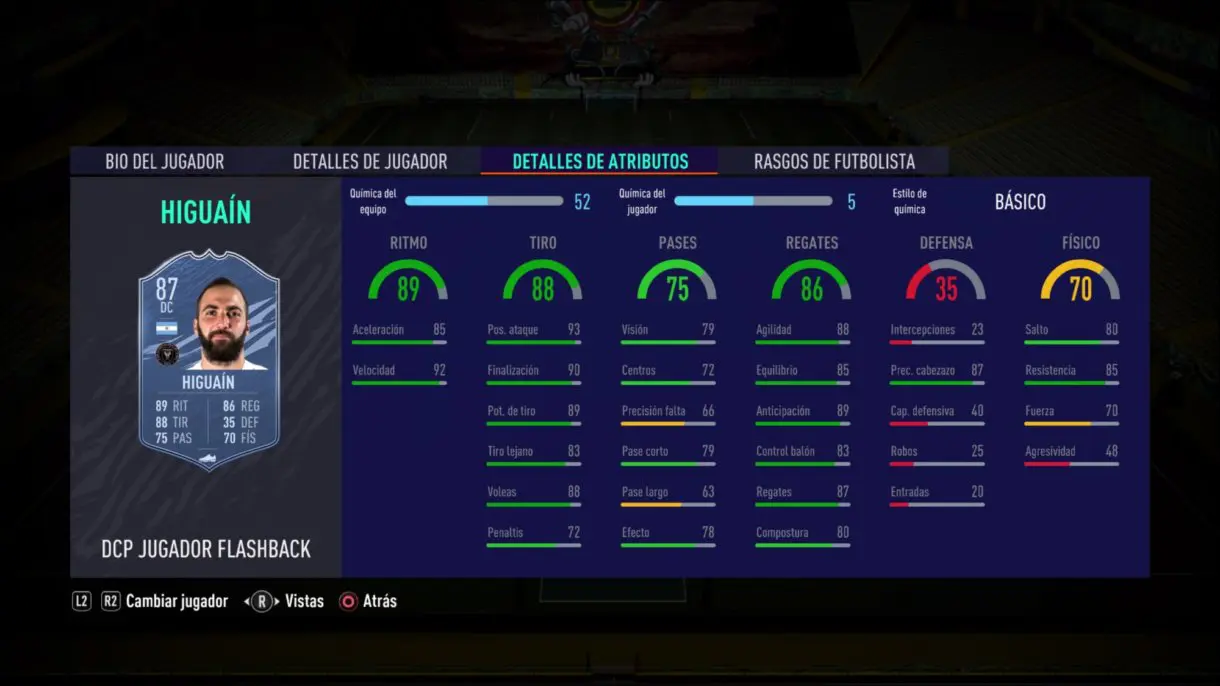 FIFA 21 Ultimate Team Gonzalo Higuaín Flashback stats in game.