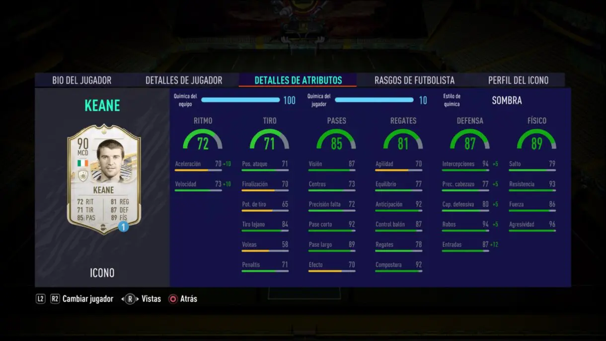 Stats in game de Roy Keane Prime. FIFA 21 Ultimate Team Icono SBC