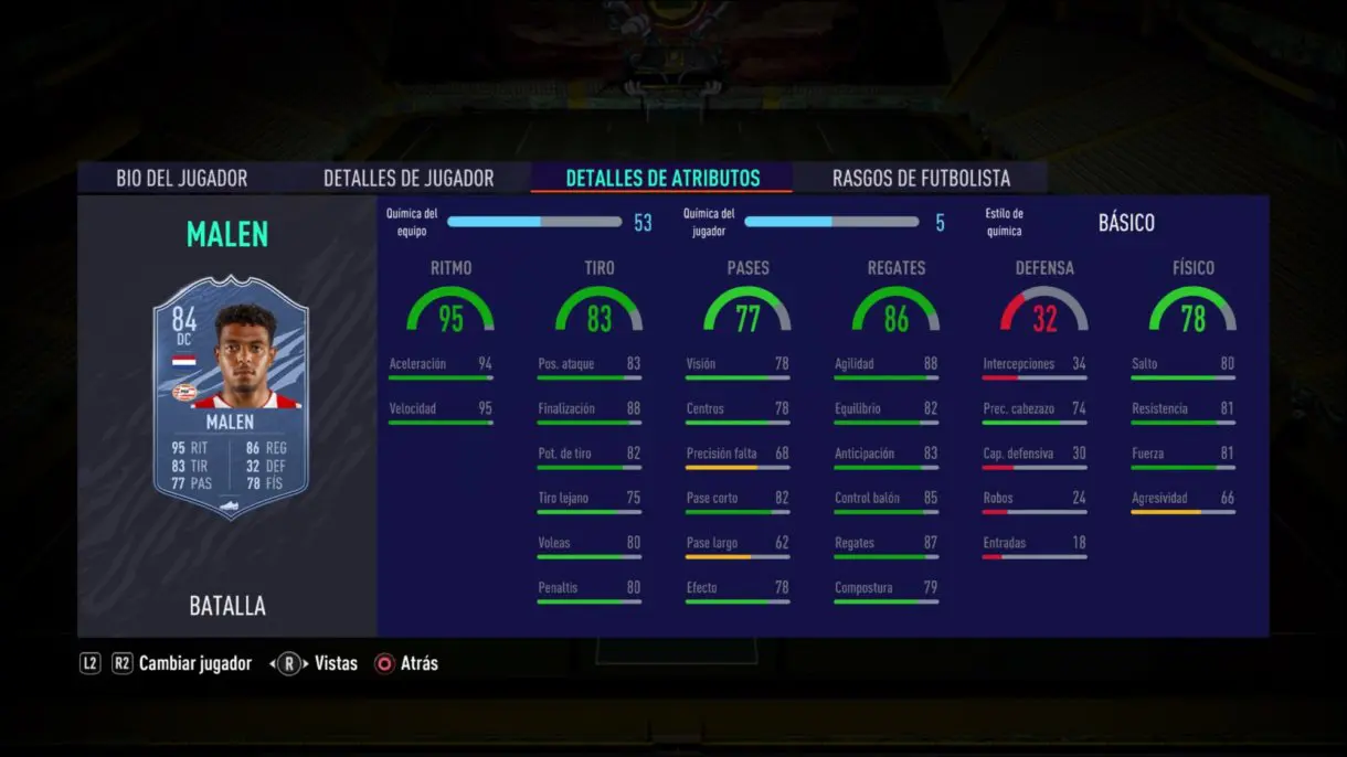 FIFA 21 Ultimate Team Malen Showdown stats in game.