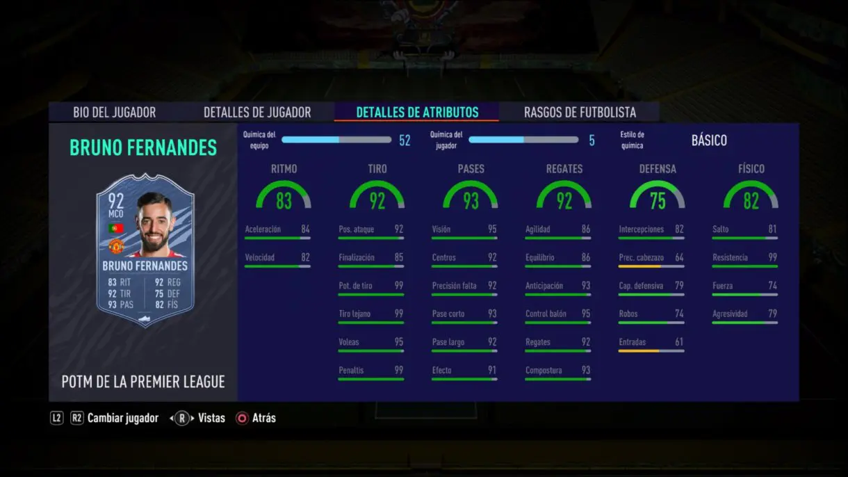 Stats in game de Bruno Fernandes SPOTM. FIFA 21 Ultimate Team