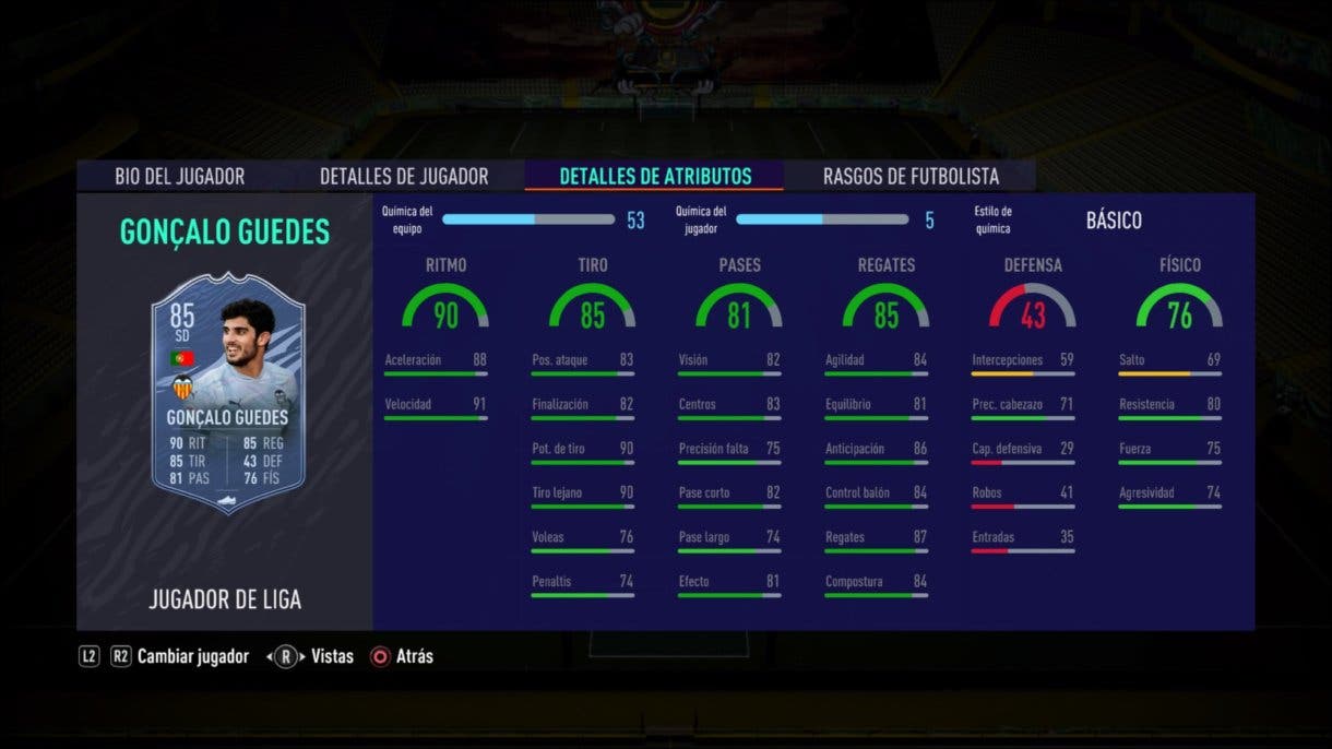 Stats in game de Gonzalo Guedes Jugador de Liga. FIFA 21 Ultimate Team