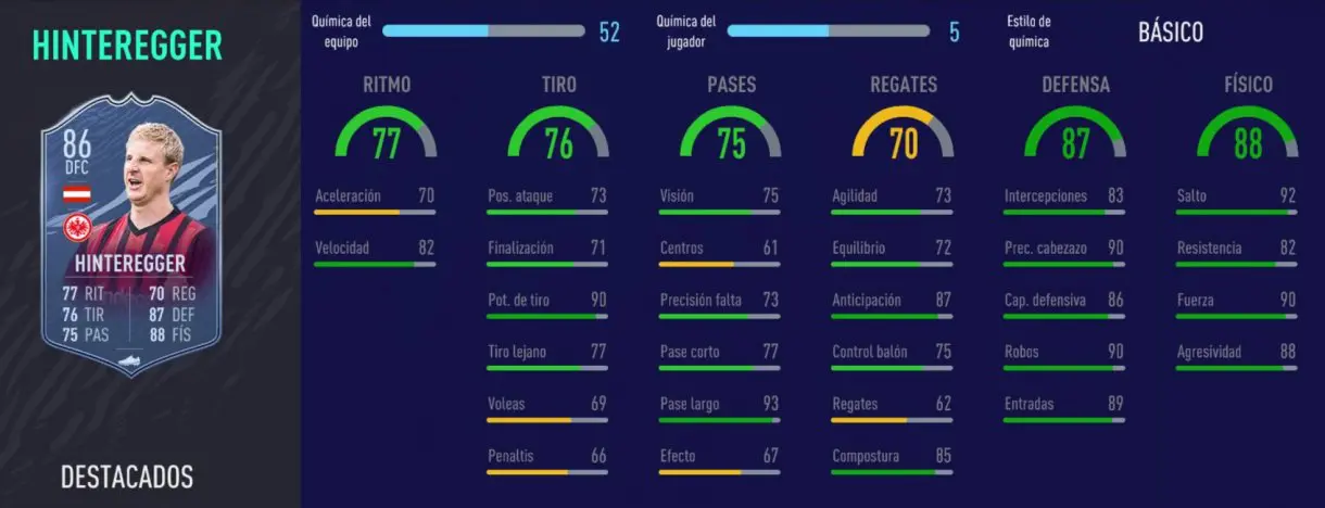 FIFA 21 Ultimate Team plantilla FUT Champions Division Rivals un millón. Stats in game de Hinteregger Headliners