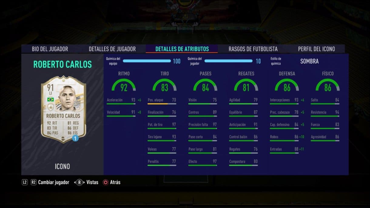 Stats in game de Roberto Carlos Prime. FIFA 21 Ultimate Team