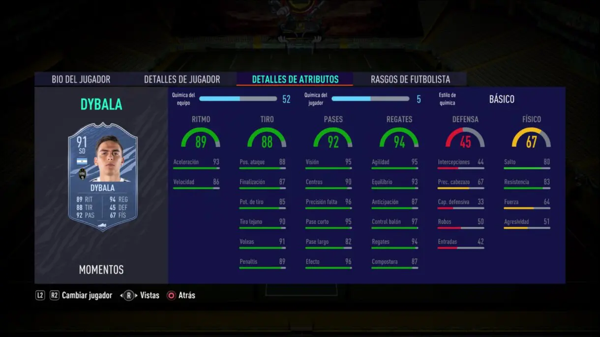 Stats in game de Dybala Moments. FIFA 21 Ultimate Team