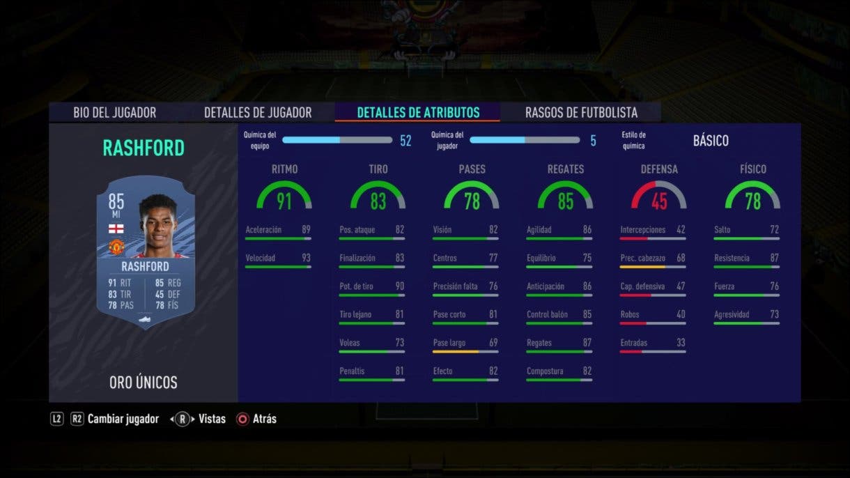 FIFA 21 Ultimate Team stats in game Rashford oro